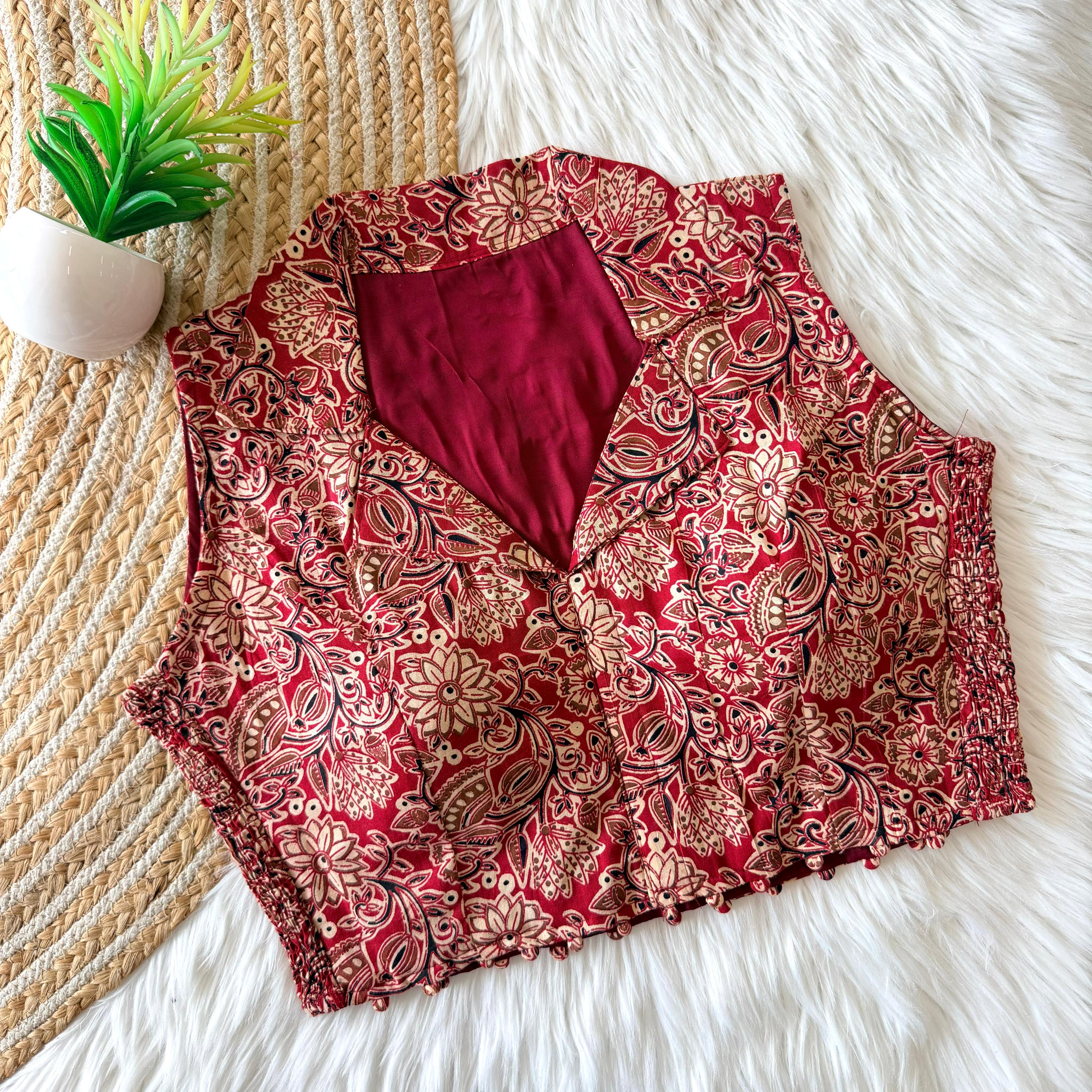 Hand Block Print Cotton Blouse with Side Elastic-Red